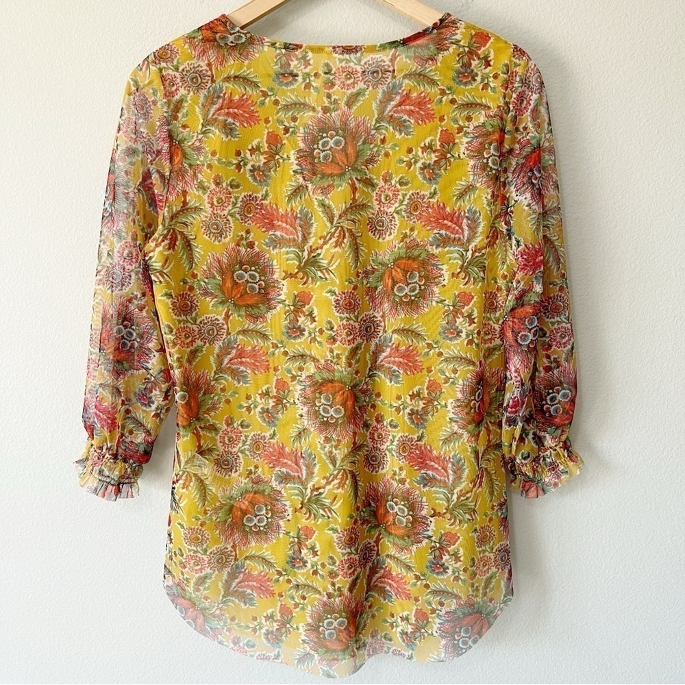 By Anthropologie Medium Gretchen Smocked Floral Print Tunic Top Mesh Mustard - Picture 7 of 11